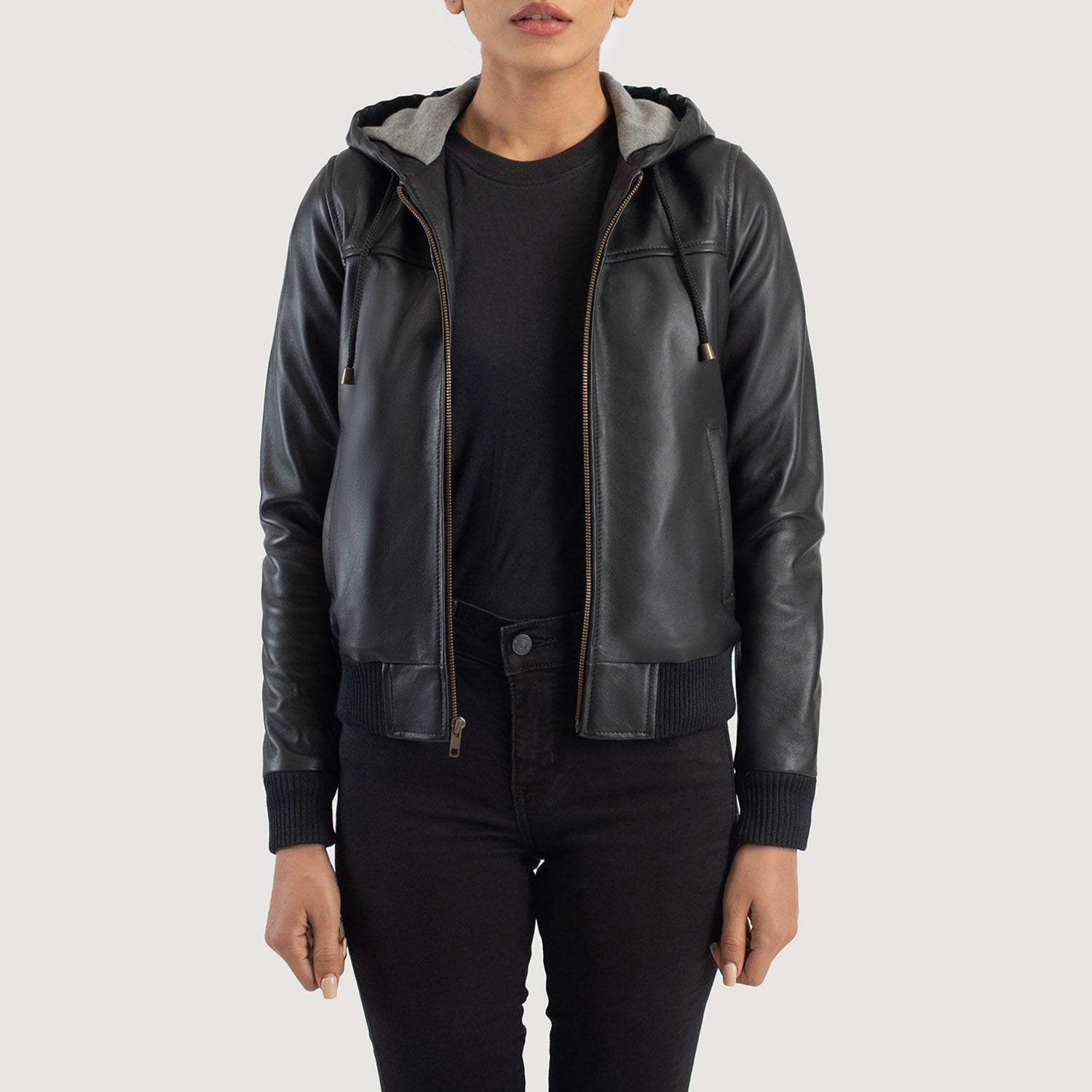 Rebella Black Hooded Leather Bomber Jacket - Main Image